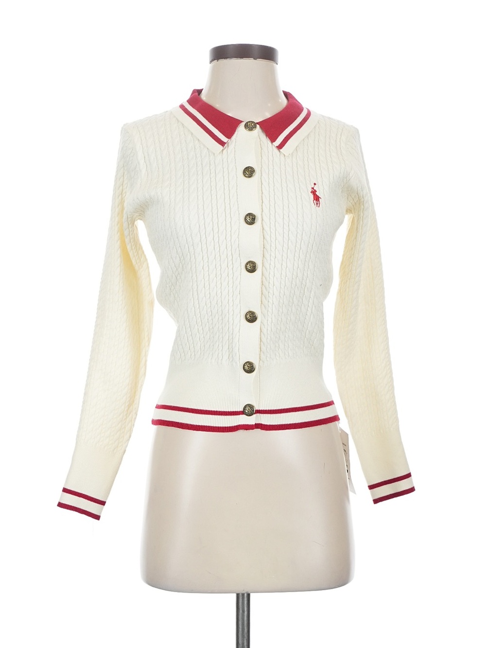 Cream Cable-Knit Polo Cardigan with Red Trim